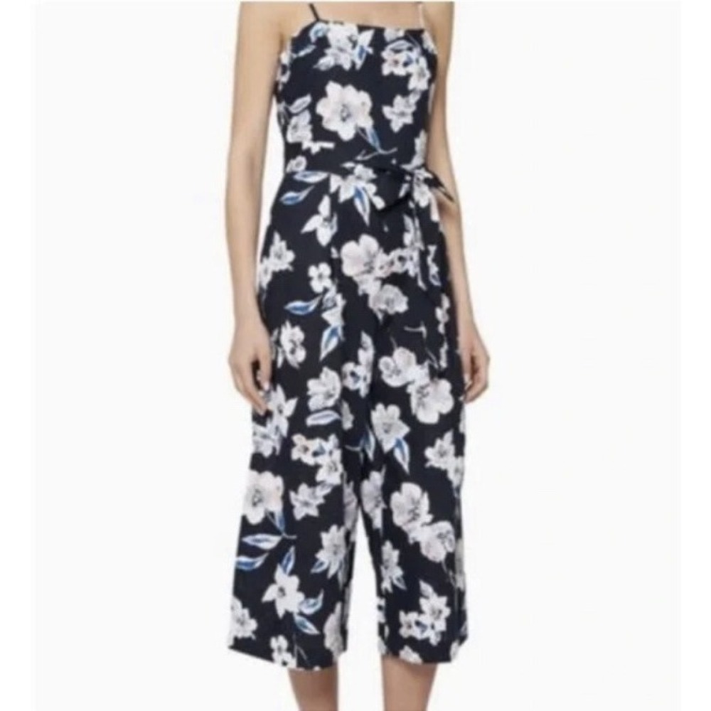 Banana Republic Navy Floral Linen Strappy Wide Leg Cropped Jumpsuit 6 426580-00